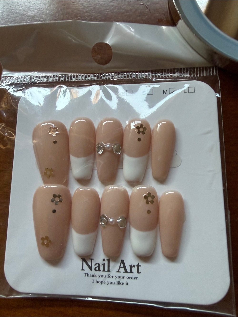 Neutral Nude & White Floral French Press-On Nails with Gold Accents